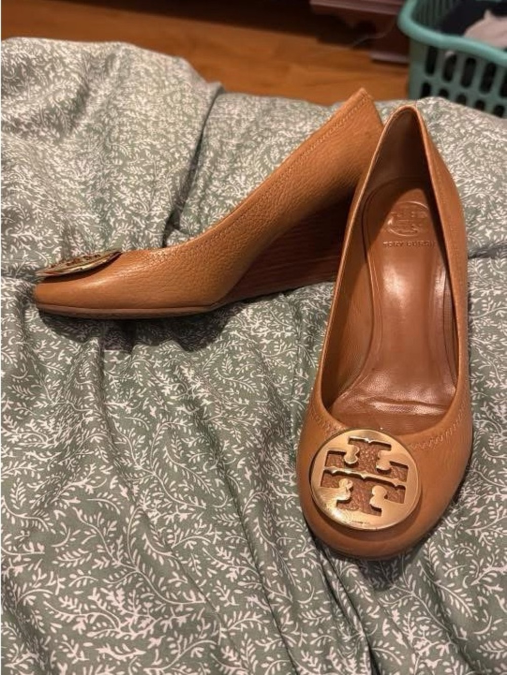 Tory Burch Cognac Leather Wedge Pumps with Gold Logo